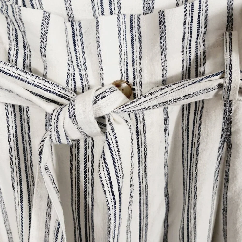 NWT Madewell, Size 14, White Navy Stripe Linen Blend Paper Bag  Crop Pants - Picture 5 of 16